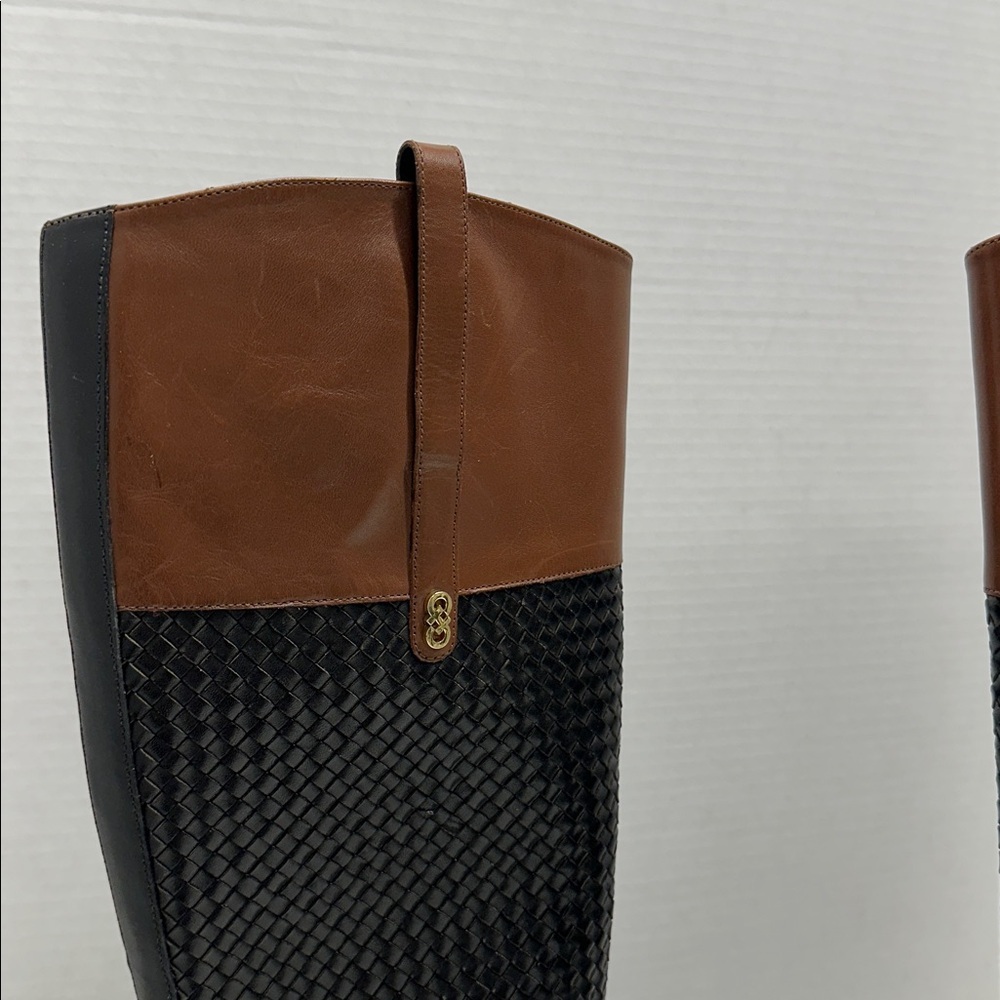 Cole Haan Brennan Riding Boots Tall Side Zip Braided Leather Black Brown Size 8 - Picture 3 of 9